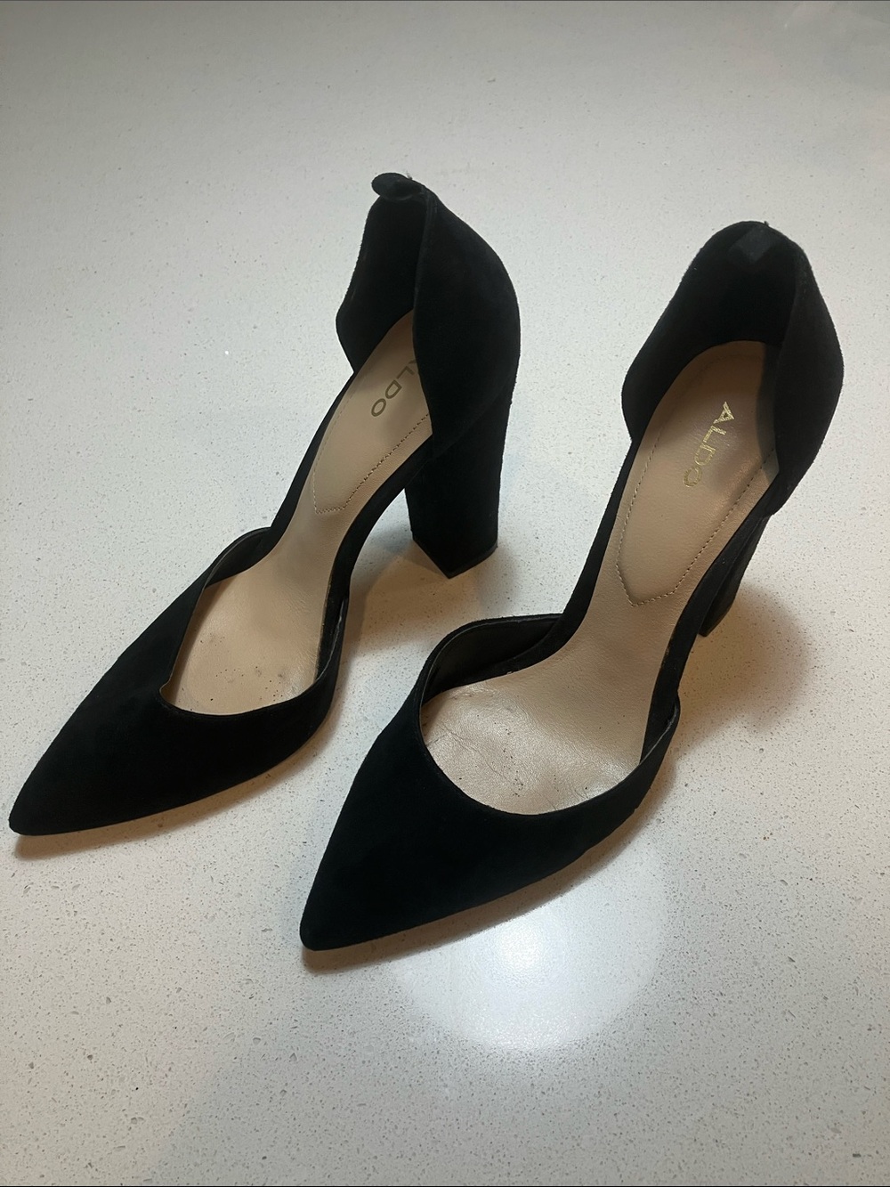 ALDO Black Suede D'Orsay Pointed Toe Block Heels